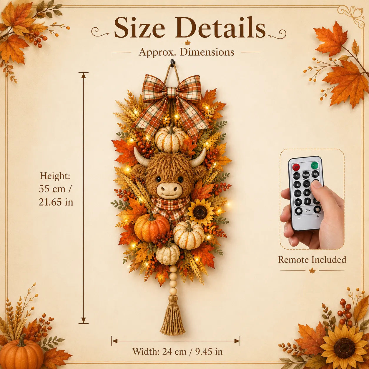 ๐ฎ๐ก Highland Cow Harvest Door Decoration with Warm Lights