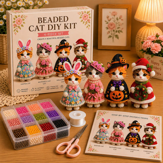 Beaded Cat DIY Kit β 4-Piece Handmade Floral Cat Collection for Adults