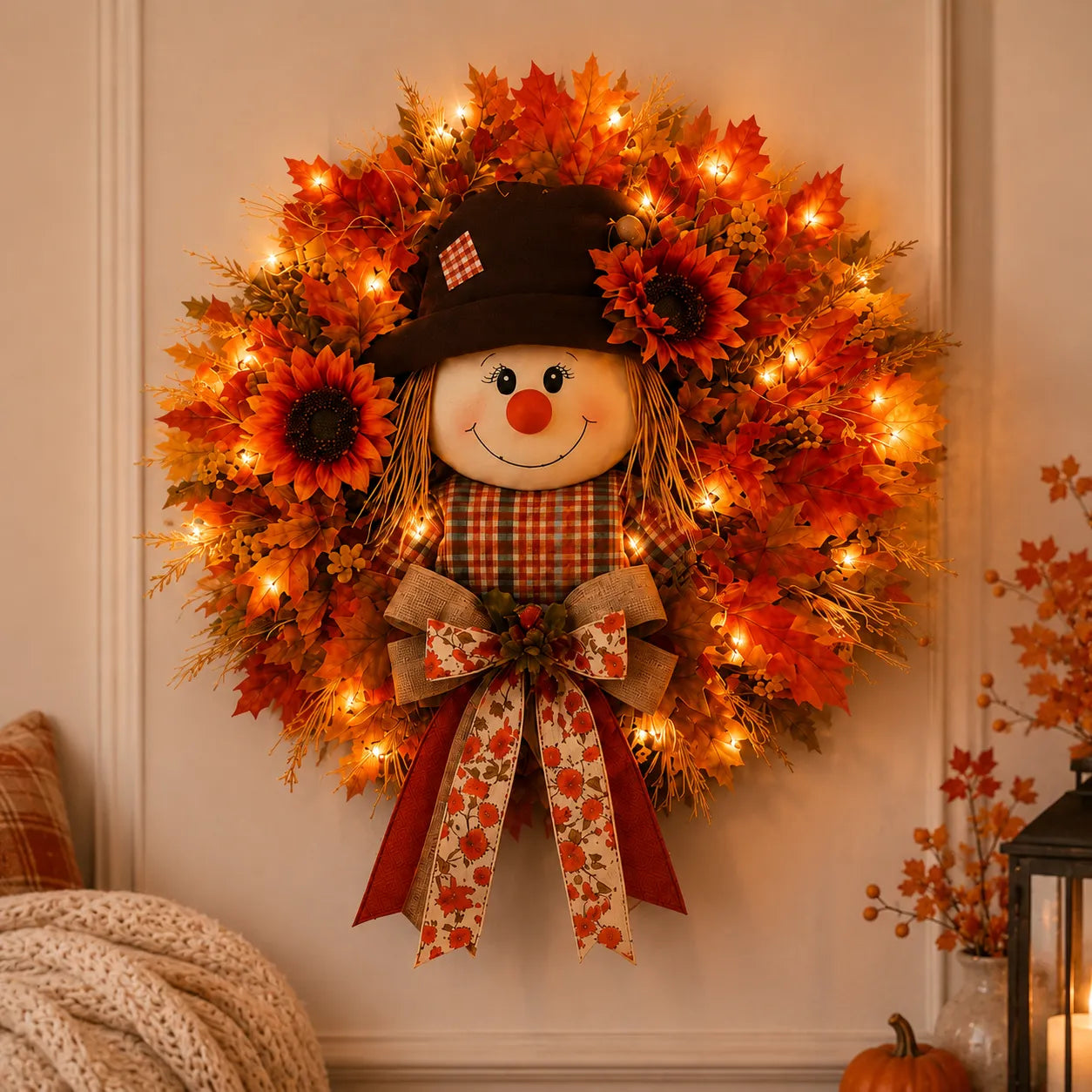 ππ» Lighted Scarecrow Fall Wreath for Front Door