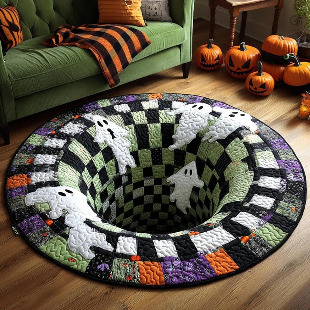 π3D Skeleton Vortex Quilted Round Halloween Rug