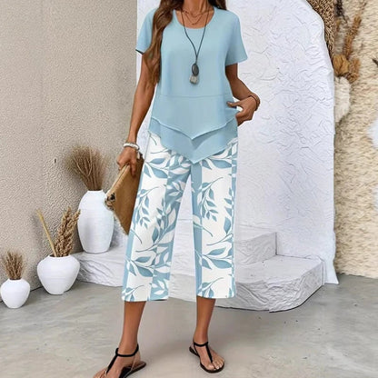 💖Casual Round Neck Layered Tunic Top & Wide Leg Pants Set👚👖