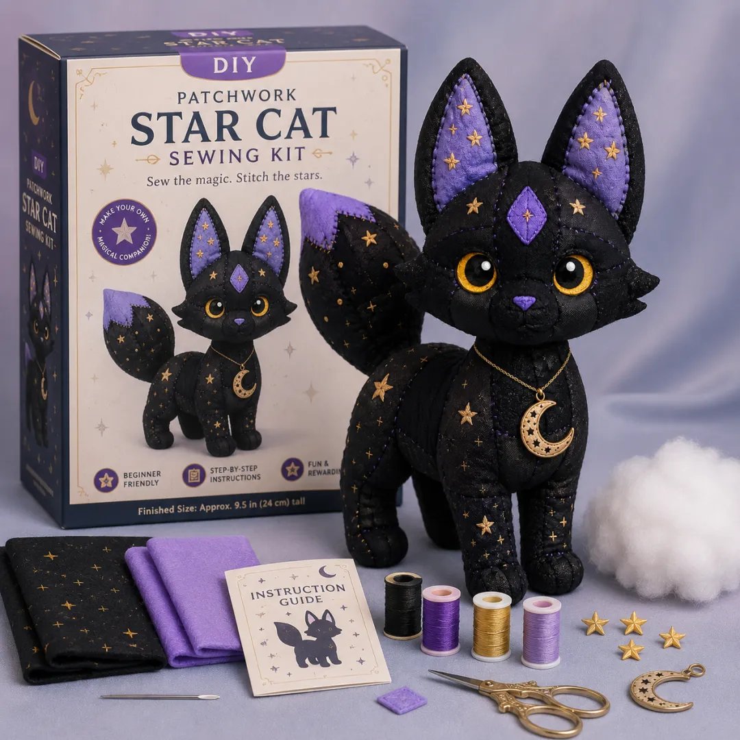 LAST DAY 50% OFF - Mystic Patchwork Animal Sewing Kit – DIY Plush Craft Kit with Starry Fabric, Moon Charm