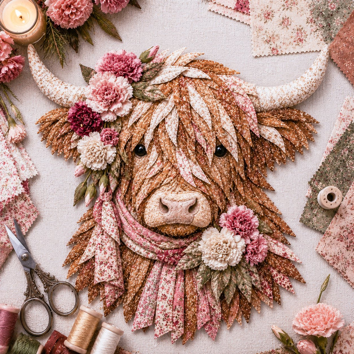 🐮💐🌸 Birth Flower Highland Cow 3D Layered Fabric Art DIY Kit (Beginner-friendly)
