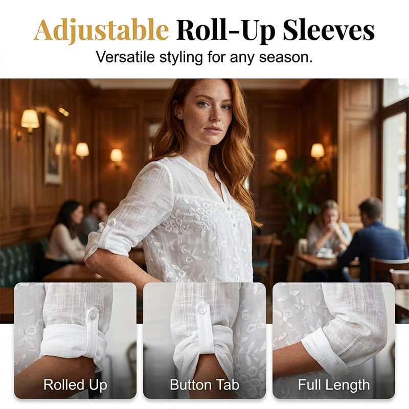 Lace Panel V-Neck Blouse – Embroidered, Roll-Up Sleeves, Effortless Chic