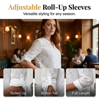 Lace Panel V-Neck Blouse – Embroidered, Roll-Up Sleeves, Effortless Chic