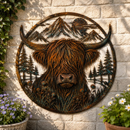 🐂Highland Cow Mountain Scene Metal Wall🏔️