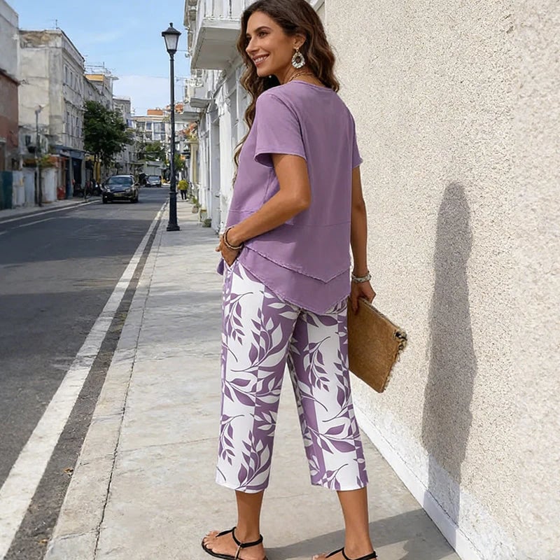 💖Casual Round Neck Layered Tunic Top & Wide Leg Pants Set👚👖