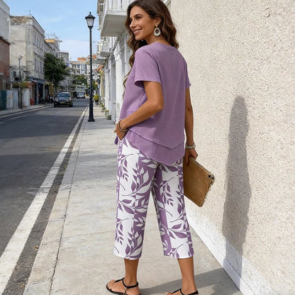💖Casual Round Neck Layered Tunic Top & Wide Leg Pants Set👚👖