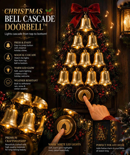 Christmas Bell Cascade Doorbell with Warm LED Lights, Musical Festive Home Decor, Front Door & Entryway Wreath Ornament, Christmas Gift for Friends