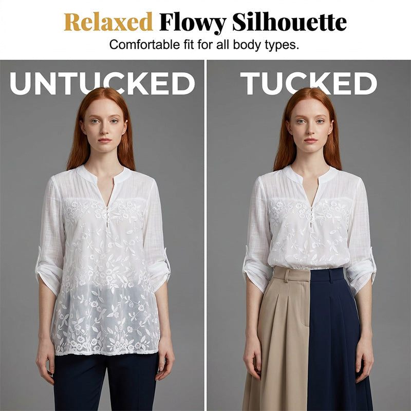 Lace Panel V-Neck Blouse – Embroidered, Roll-Up Sleeves, Effortless Chic