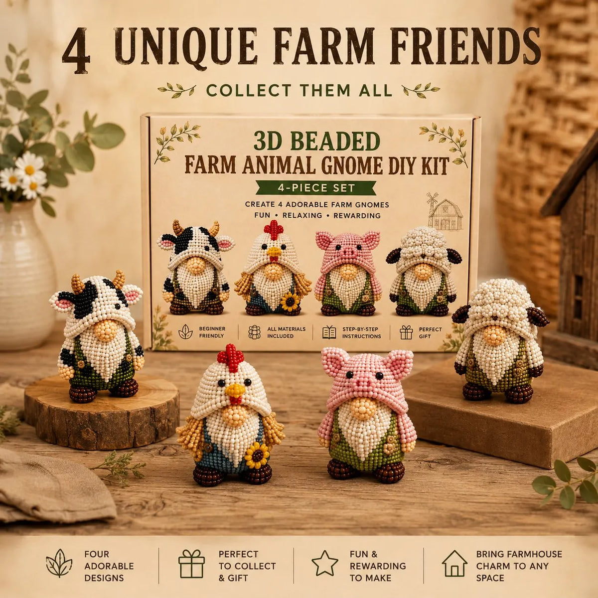 3D Beaded Farm Animal Gnome DIY Kit