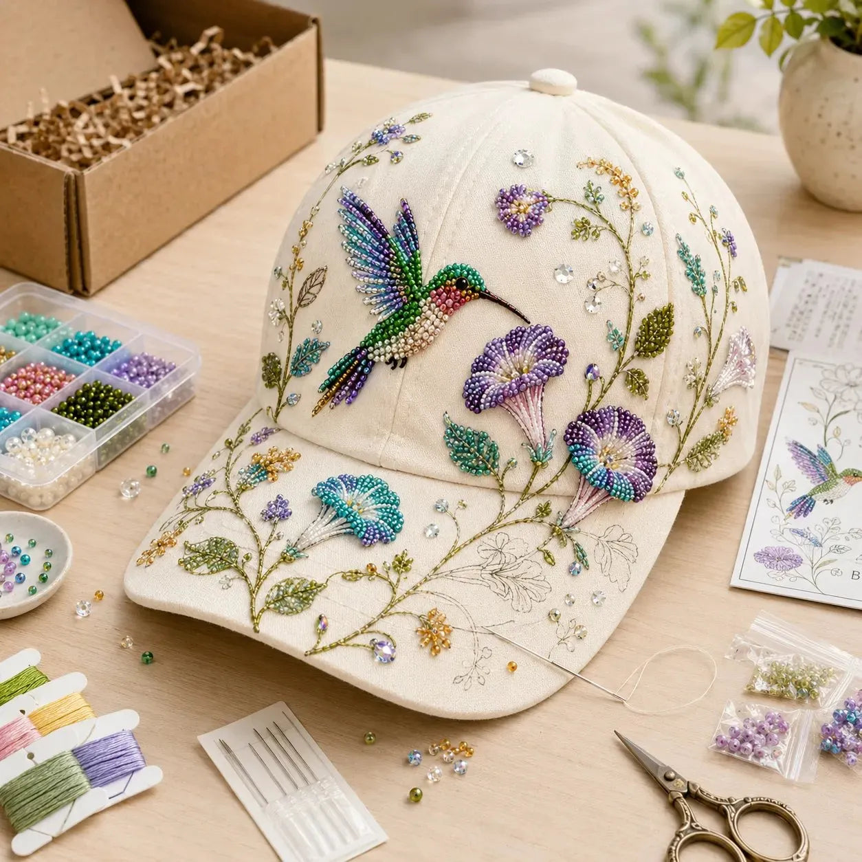 🐦🌸 Premium Hummingbird Garden Beaded Hat DIY Kit