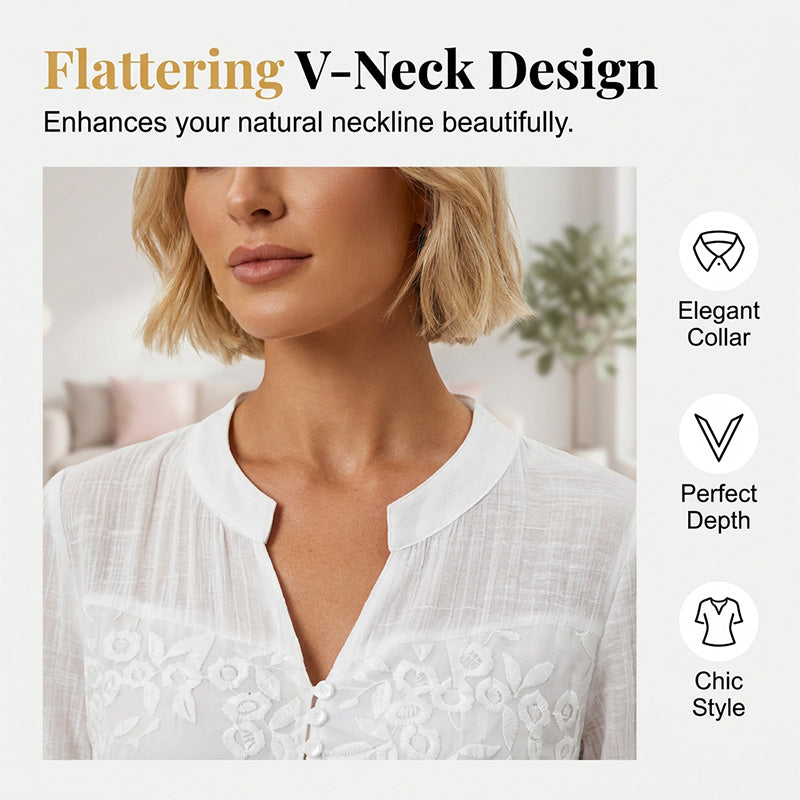 Lace Panel V-Neck Blouse – Embroidered, Roll-Up Sleeves, Effortless Chic