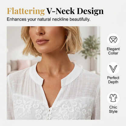Lace Panel V-Neck Blouse – Embroidered, Roll-Up Sleeves, Effortless Chic