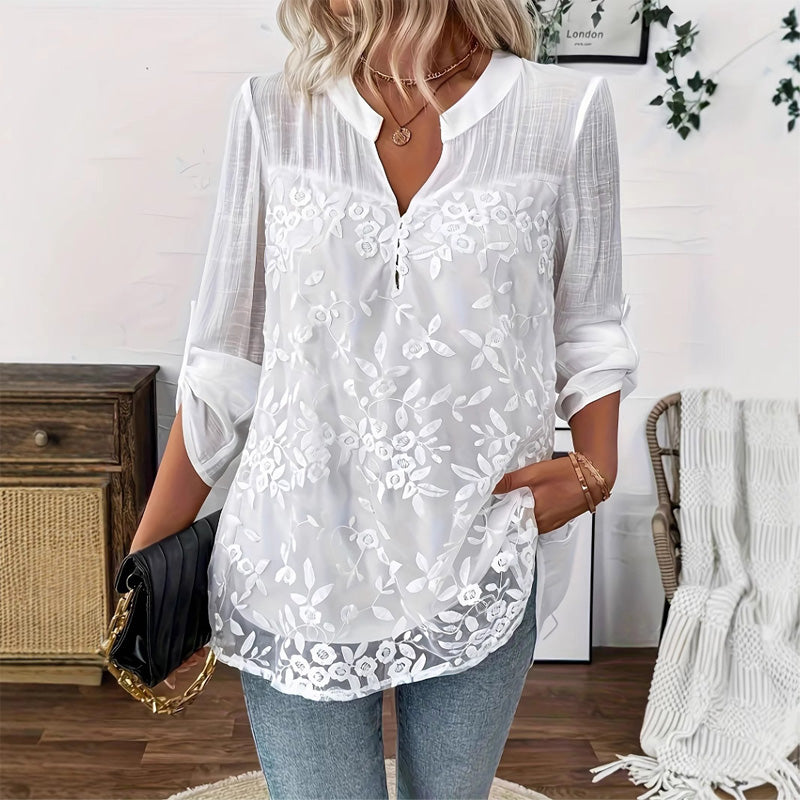 Lace Panel V-Neck Blouse – Embroidered, Roll-Up Sleeves, Effortless Chic