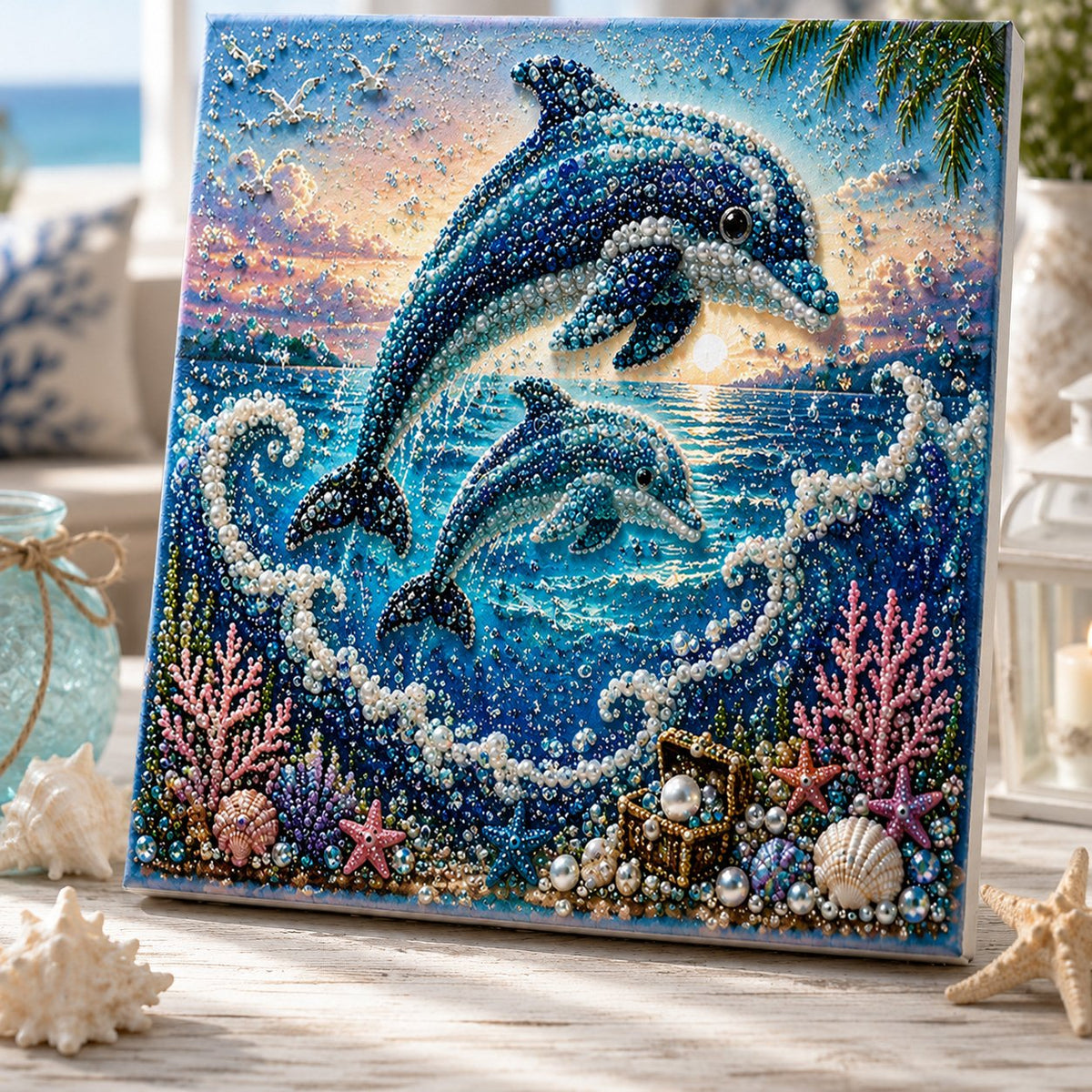 Premium 3D Pearl Ocean Wall Art Kit | Luxury Flocked Canvas with Scratch-Resistant Non-Fading Pearl Beads DIY Coastal Decor – Buy 2 Free Shipping