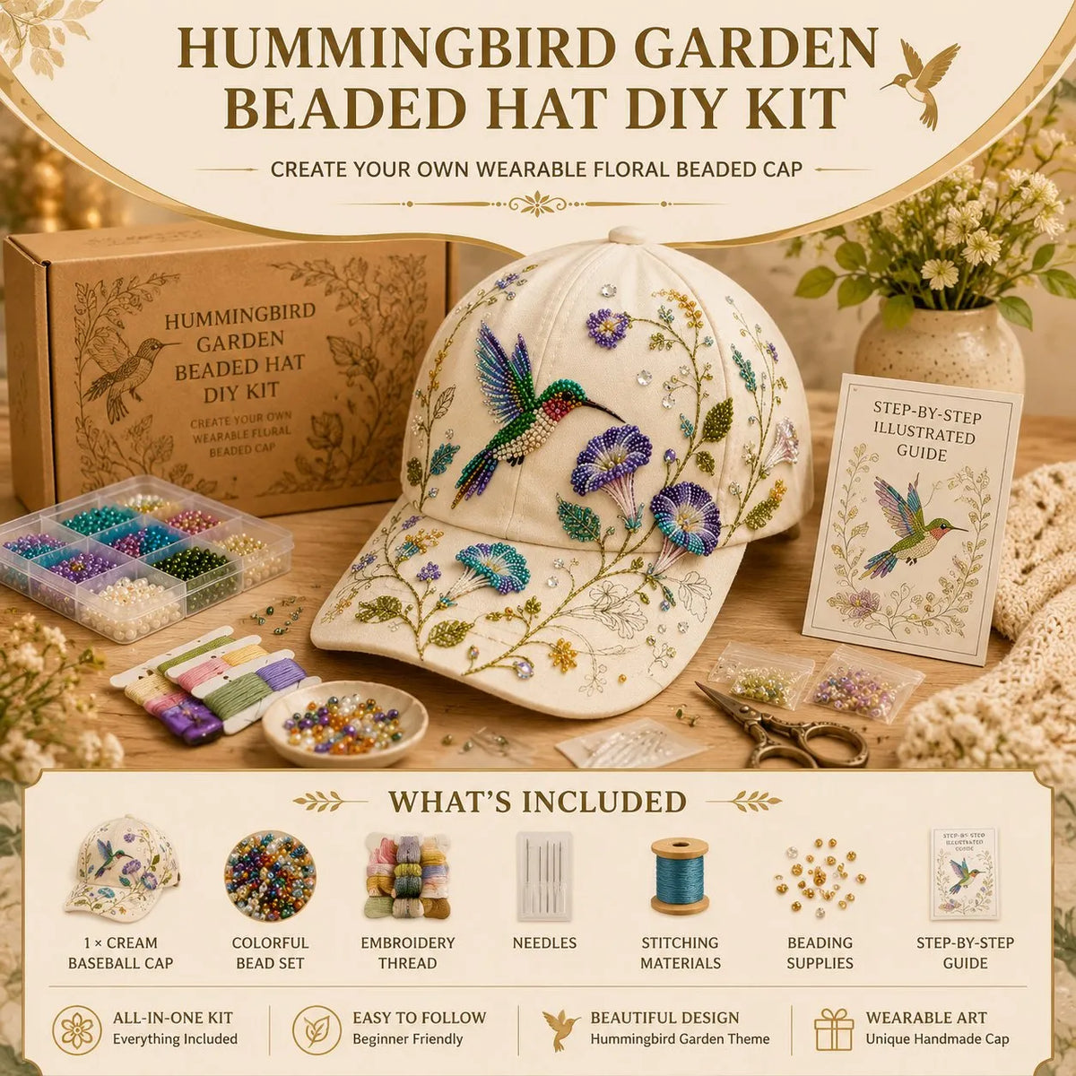 🐦🌸 Premium Hummingbird Garden Beaded Hat DIY Kit
