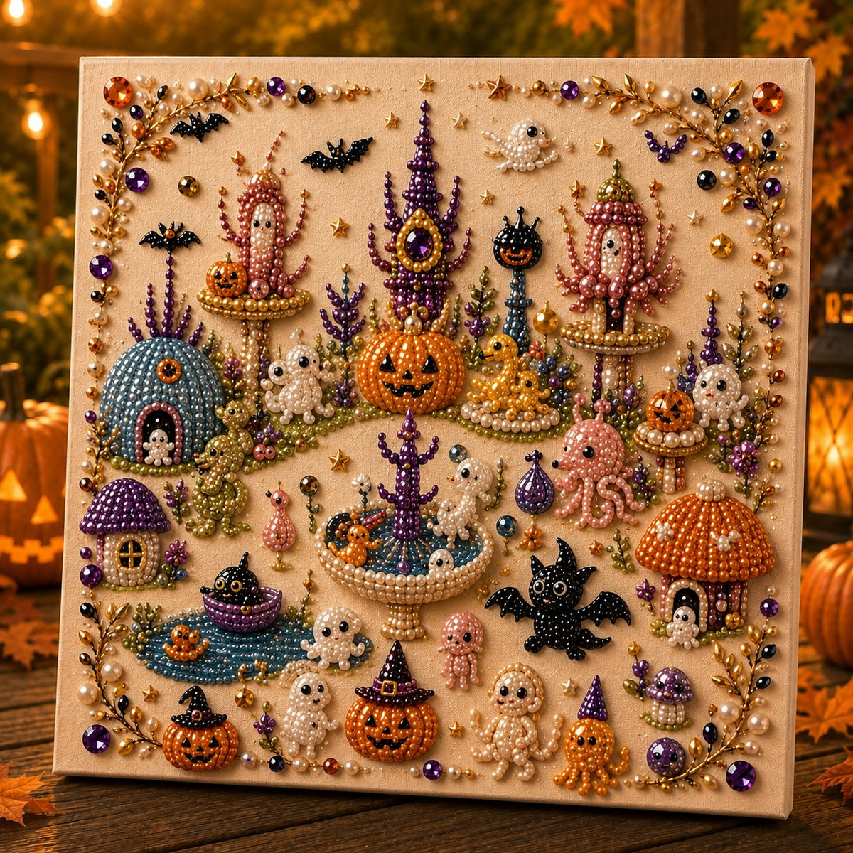Premium 3D Pearl Halloween Wall Art Kit | Luxury Flocked Canvas with Scratch-Resistant Non-Fading Pearl Beads DIY Spooky Decor – Buy 2 Free Shipping