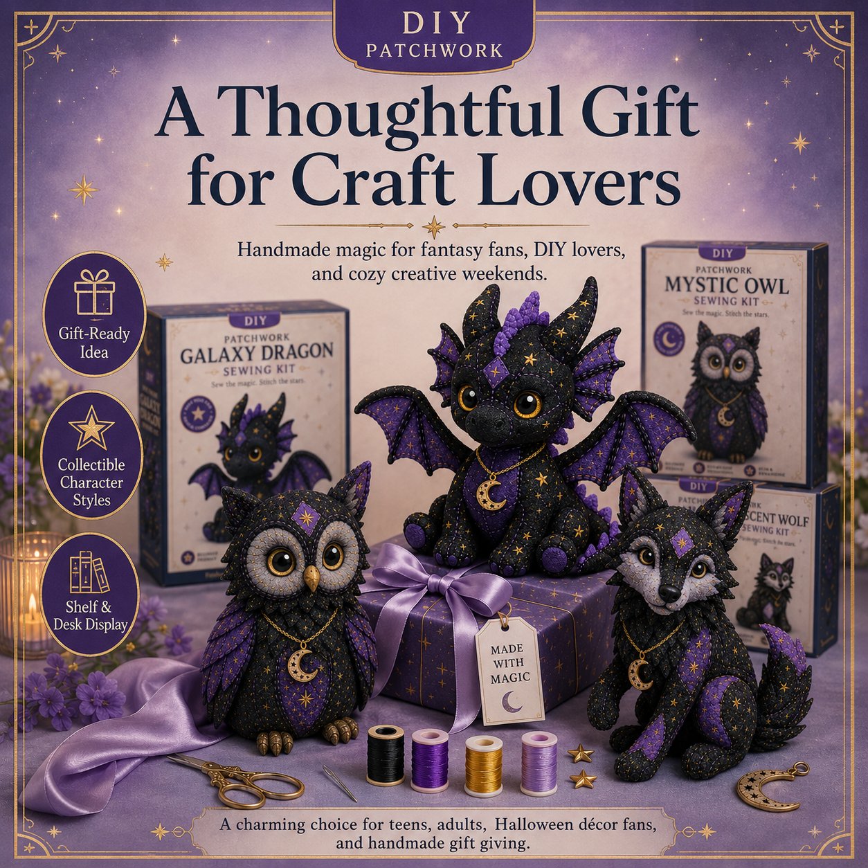 LAST DAY 50% OFF - Mystic Patchwork Animal Sewing Kit – DIY Plush Craft Kit with Starry Fabric, Moon Charm