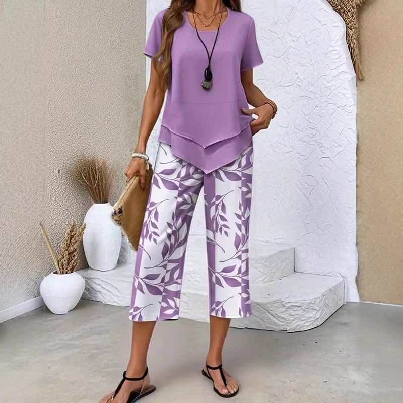 💖Casual Round Neck Layered Tunic Top & Wide Leg Pants Set👚👖