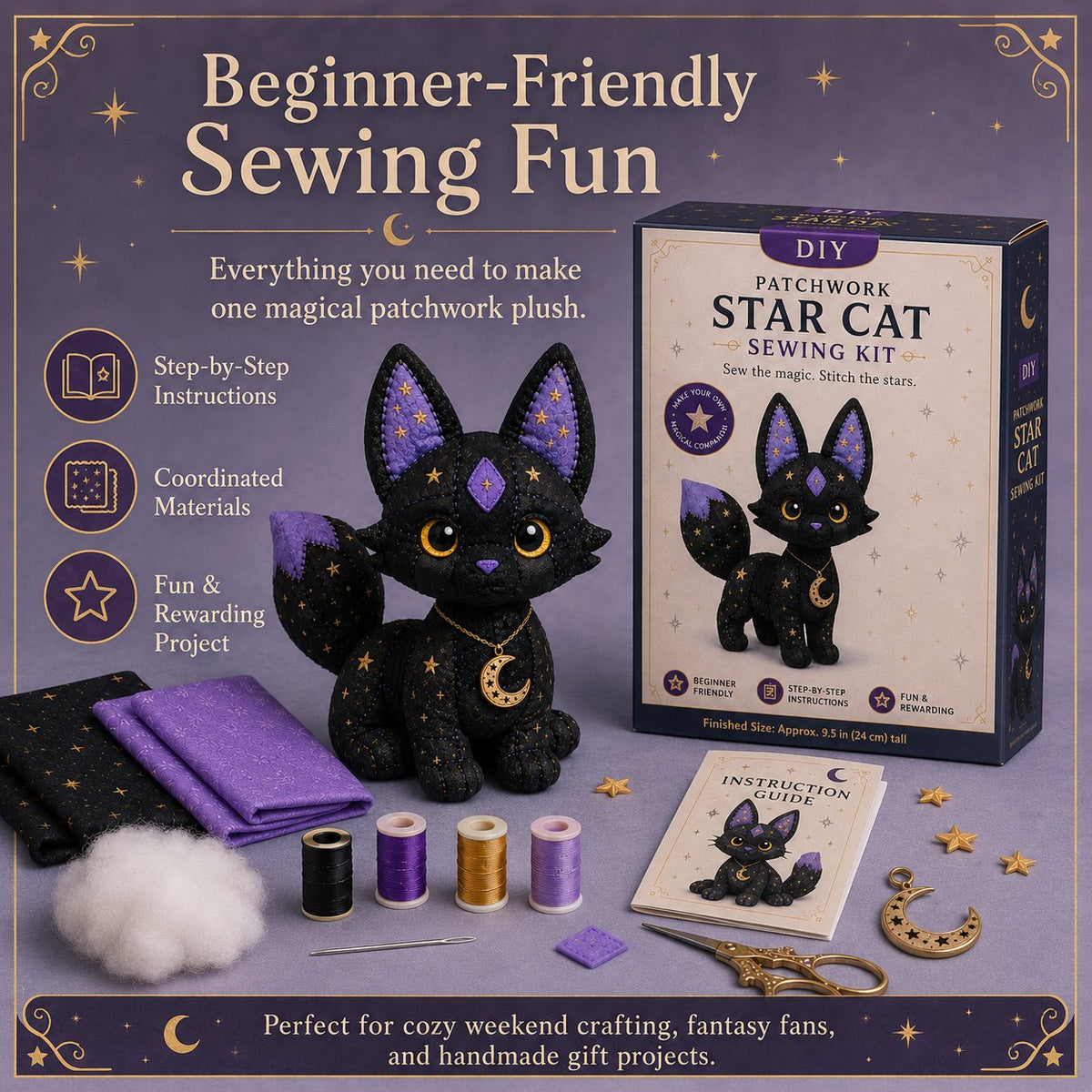 LAST DAY 50% OFF - Mystic Patchwork Animal Sewing Kit – DIY Plush Craft Kit with Starry Fabric, Moon Charm