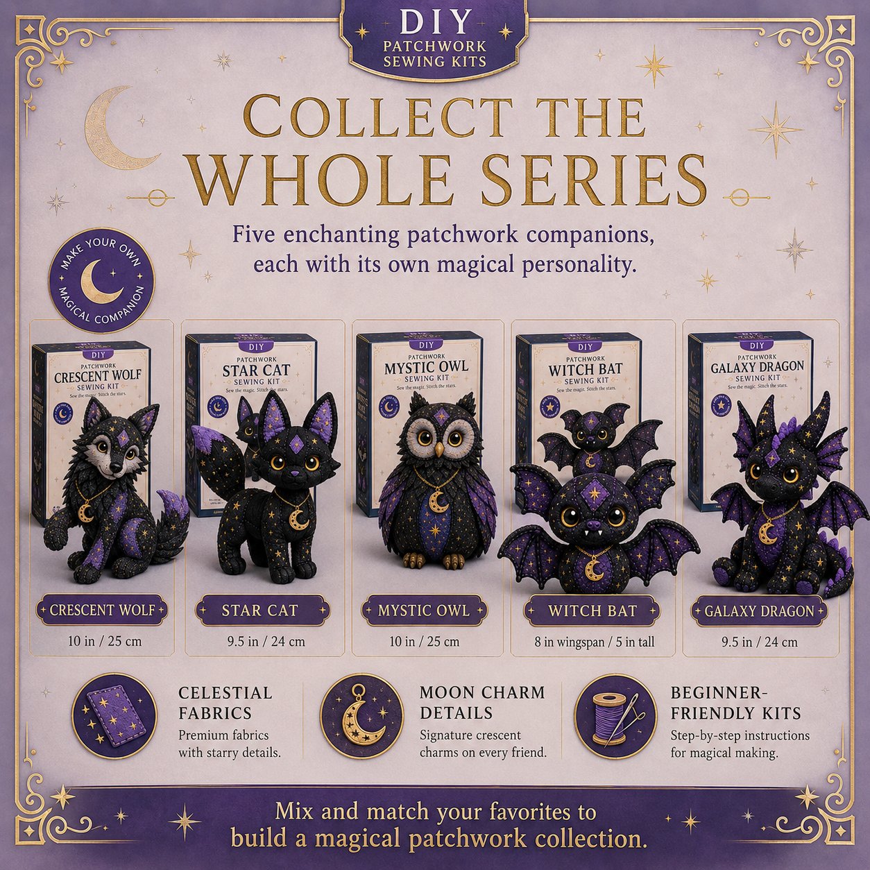 LAST DAY 50% OFF - Mystic Patchwork Animal Sewing Kit – DIY Plush Craft Kit with Starry Fabric, Moon Charm