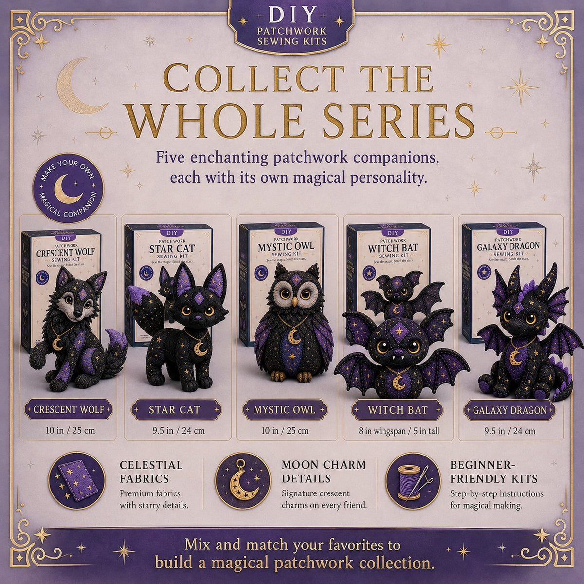 🐱Mystic Patchwork Animal Sewing Kit – DIY Plush Craft Kit with Starry Fabric, Moon Charm
