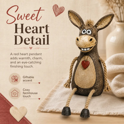 Rustic donkey figure on a plank with dangling rope legs