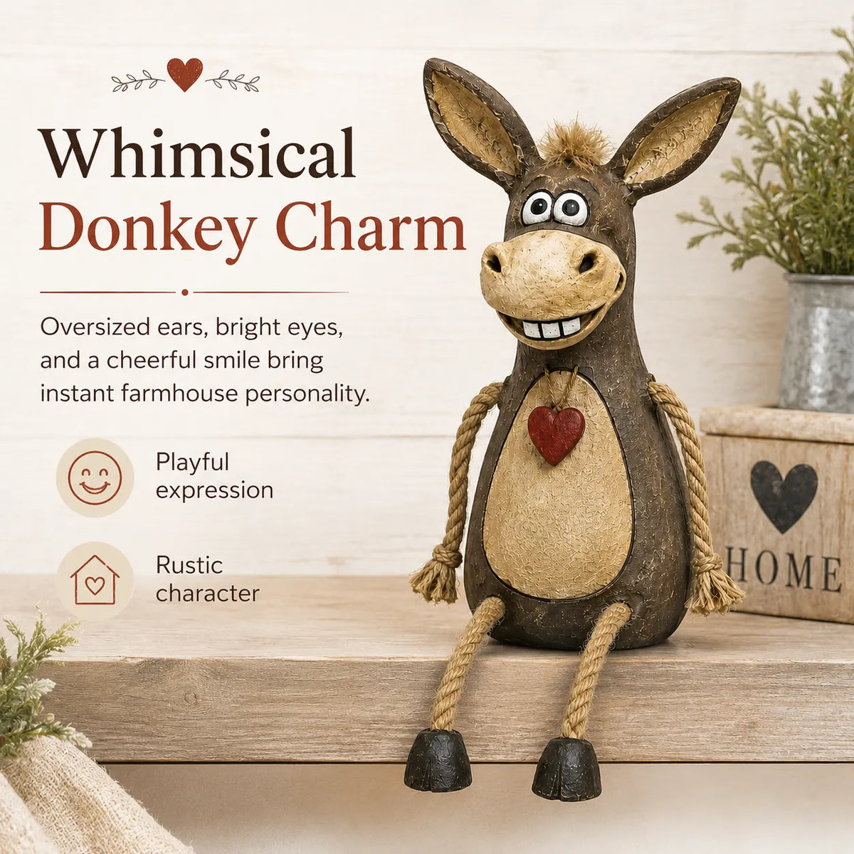 Rustic donkey figure on a plank with dangling rope legs
