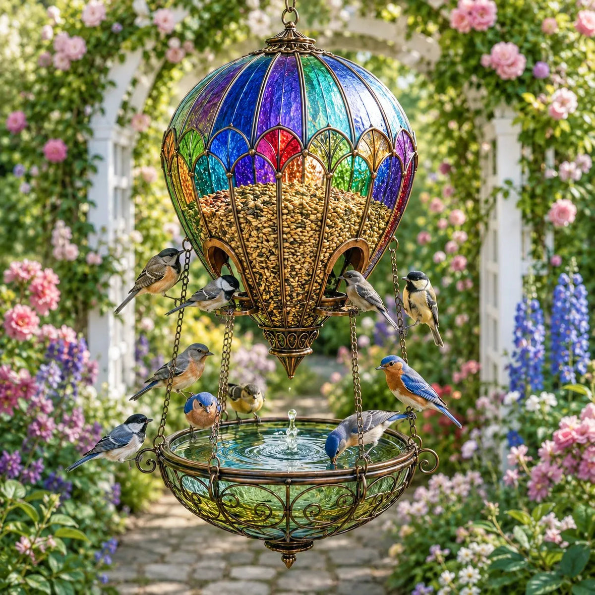 🌈 Stained Glass Hot Air Balloon Bird Feeder Fountain🐦