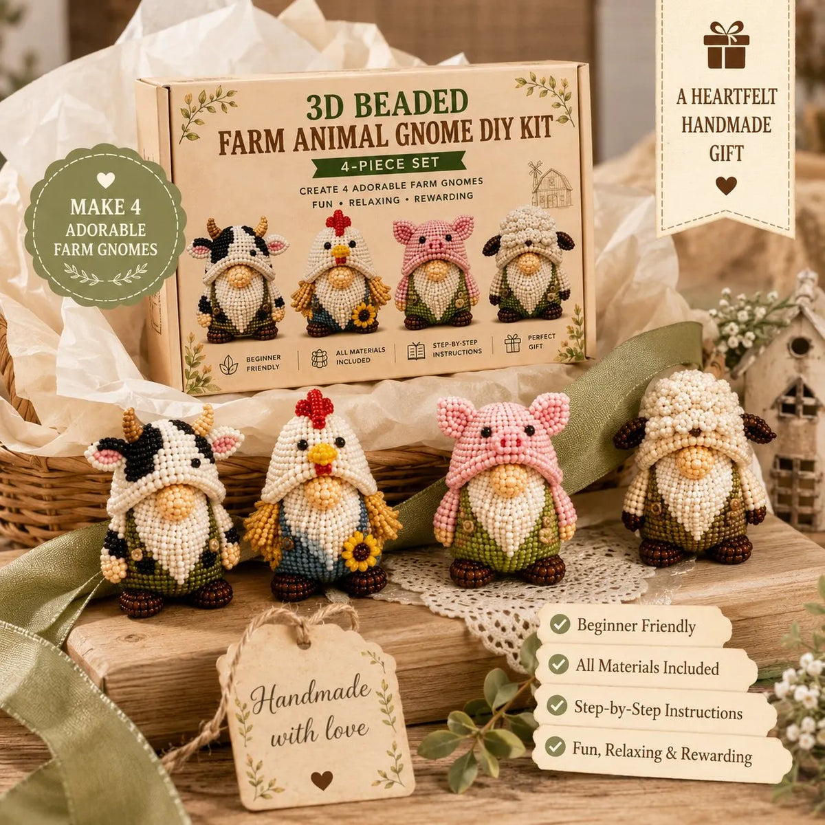 3D Beaded Farm Animal Gnome DIY Kit