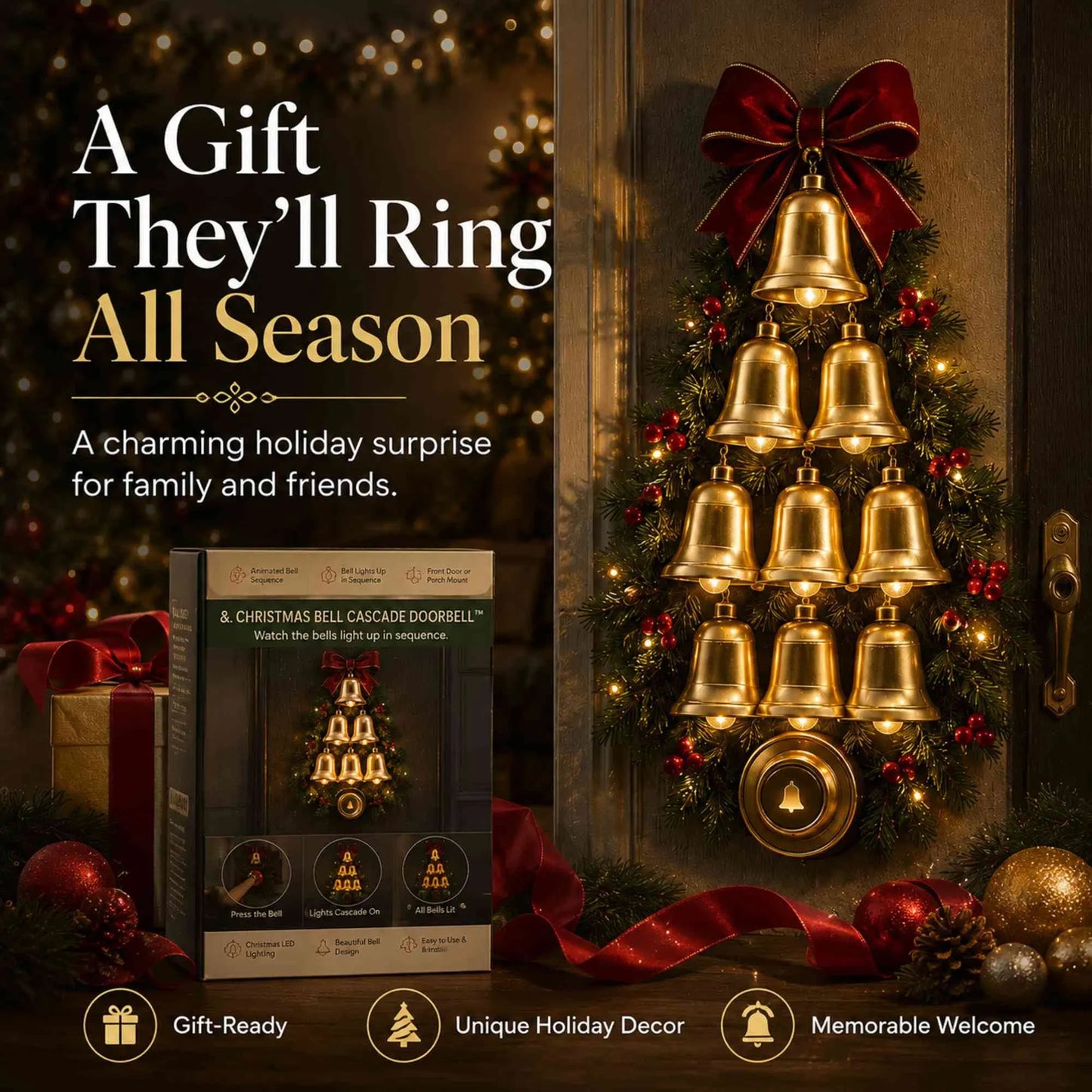 Christmas Bell Cascade Doorbell with Warm LED Lights, Musical Festive Home Decor, Front Door & Entryway Wreath Ornament, Christmas Gift for Friends