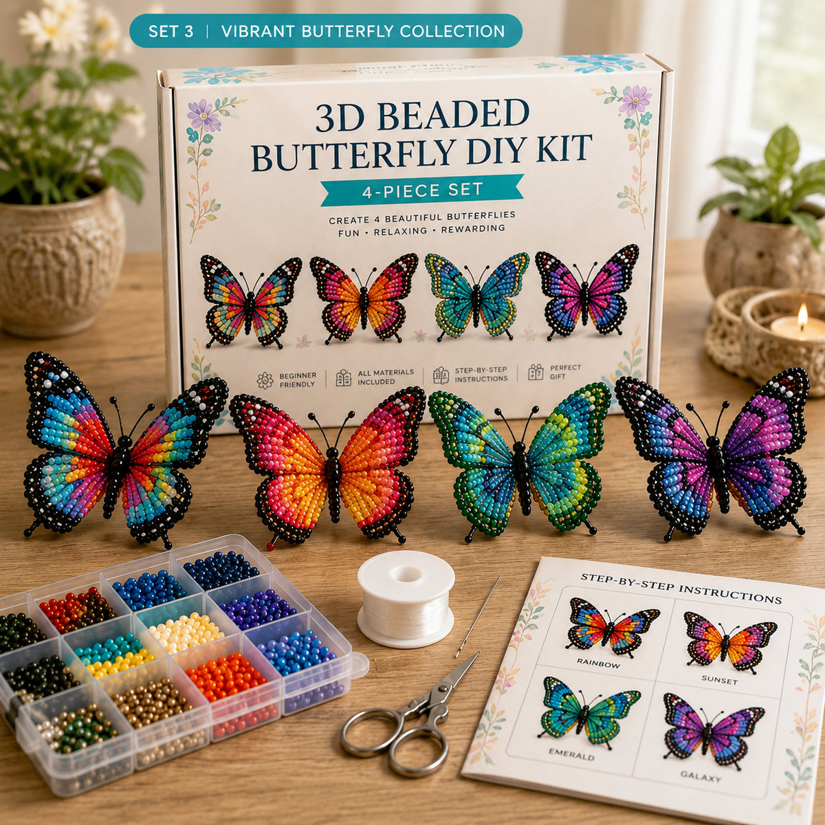 3D Beaded Butterfly DIY Kit – 4-Piece Butterfly Craft Set