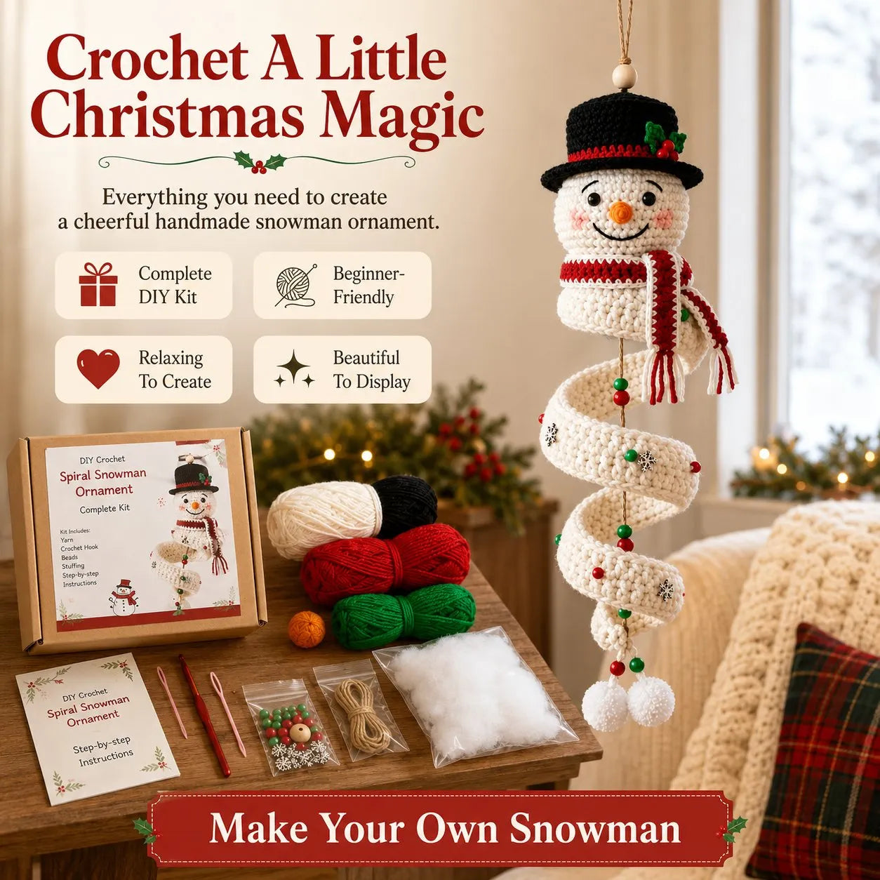 ☃️ Crochet Snowman Spiral Ornament DIY Kit | Complete Beginner-Friendly Set with Soft Yarn, Crochet Hook, Festive Beads, Snowflakes & Step-by-Step Guide 🧶🎄✨