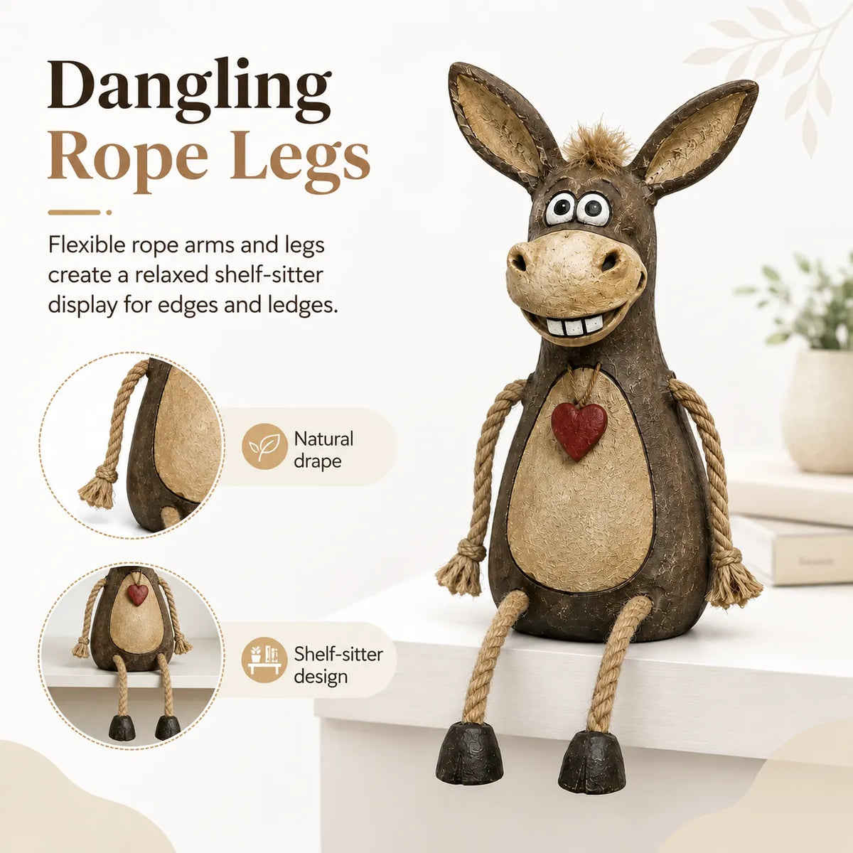 Rustic donkey figure on a plank with dangling rope legs