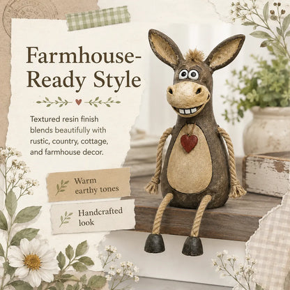 Rustic donkey figure on a plank with dangling rope legs