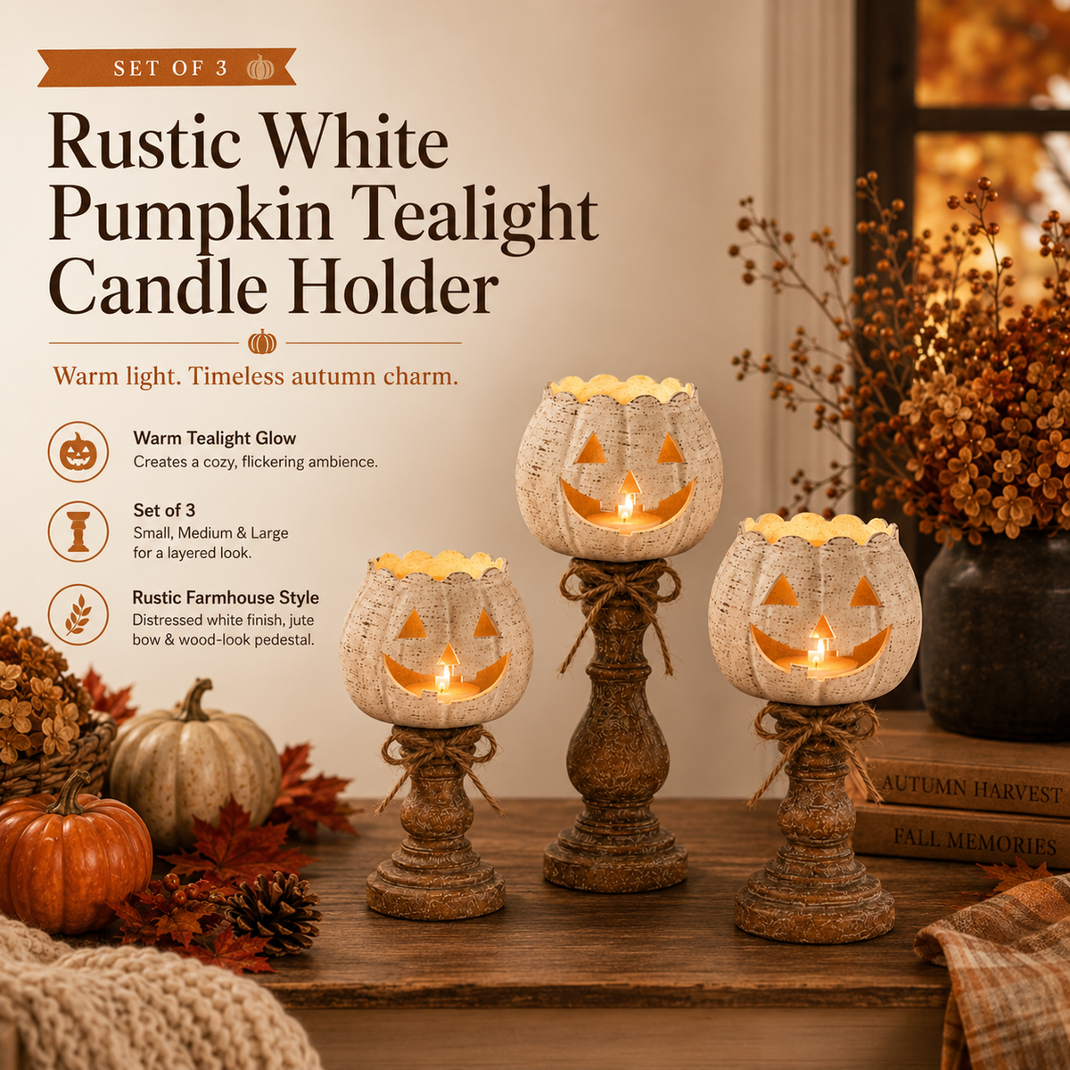 🕯 Set of 3 Rustic White Pumpkin Tealight Candle Holders | Layered Farmhouse Fall Decor For Halloween & Thanksgiving