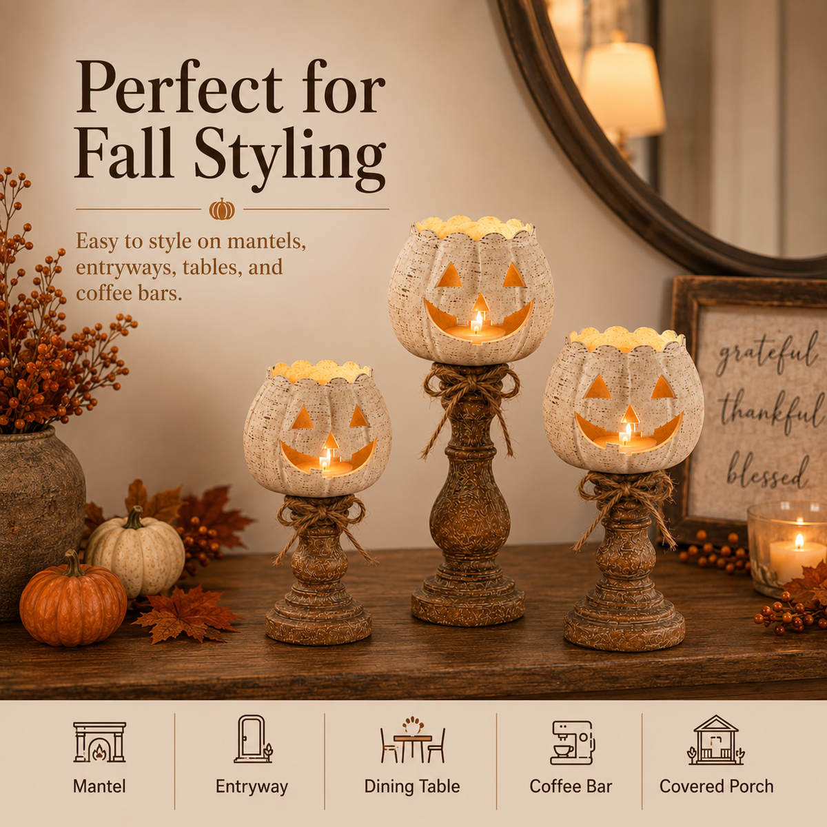 🕯 Set of 3 Rustic White Pumpkin Tealight Candle Holders | Layered Farmhouse Fall Decor For Halloween & Thanksgiving