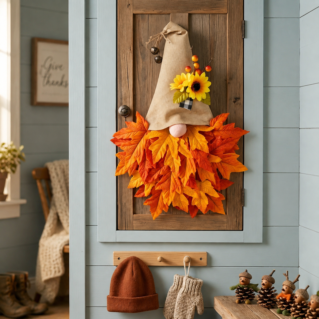 🍂🧙‍♂️Autumn dwarf hat wreath decoration with lights