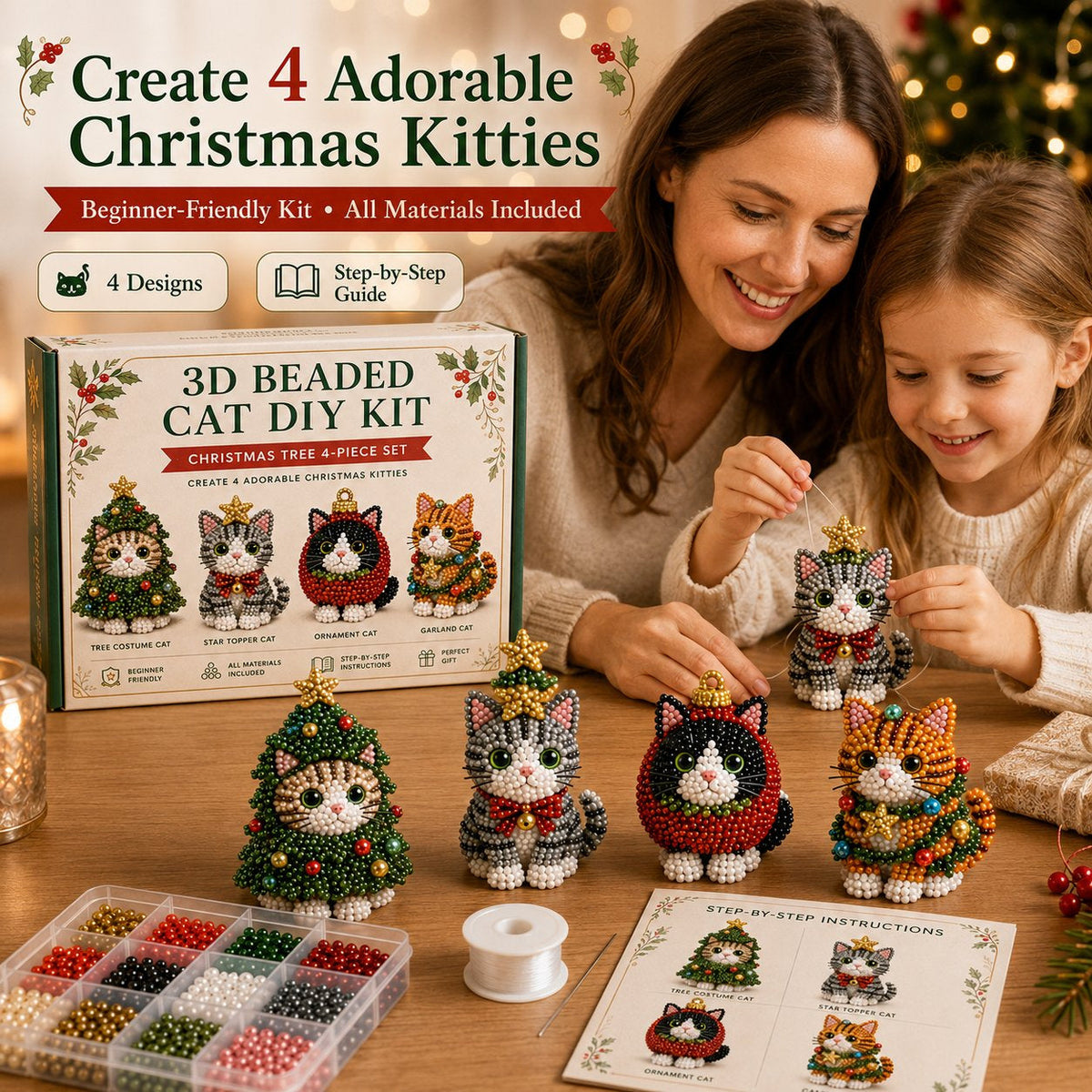 Premium 3D Beaded Christmas Cats DIY Kit | Luxury Flocked Canvas with Scratch-Resistant Non-Fading Pearl Beads DIY Holiday Decor & Step-by-Step Guide