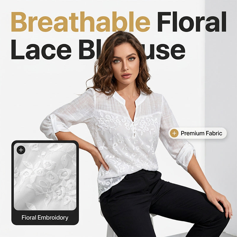 Lace Panel V-Neck Blouse – Embroidered, Roll-Up Sleeves, Effortless Chic