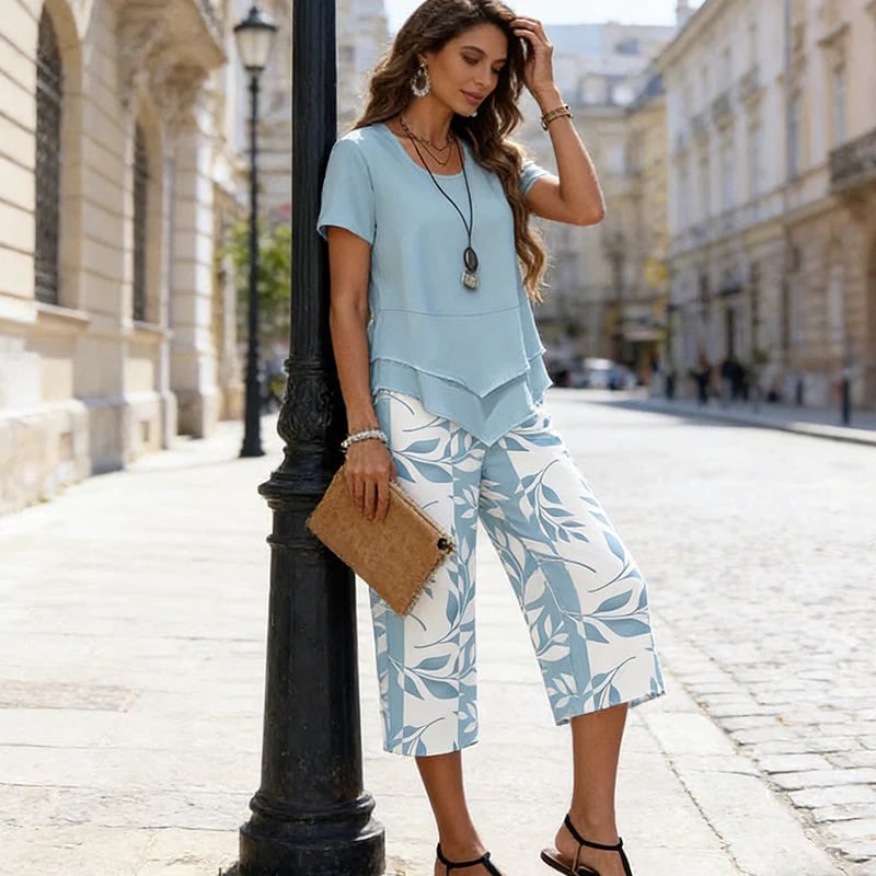 💖Casual Round Neck Layered Tunic Top & Wide Leg Pants Set👚👖