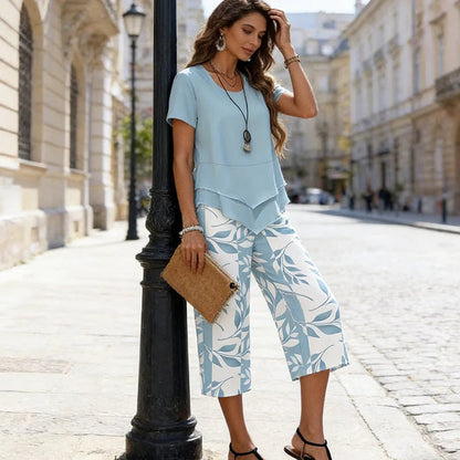 💖Casual Round Neck Layered Tunic Top & Wide Leg Pants Set👚👖