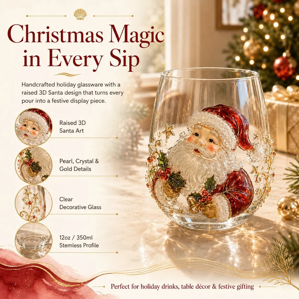 🎅🎄 3D Christmas Glass Art Cup | Luxury Raised Holiday Glassware for Drinks, Decor & Christmas Gifts 🎁