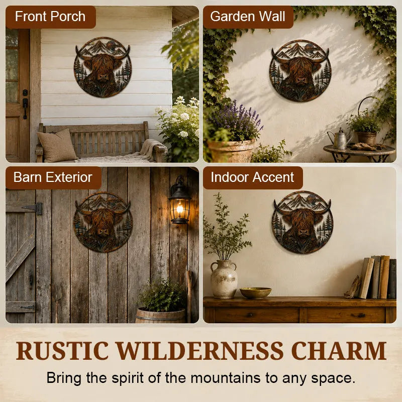 🐂Highland Cow Mountain Scene Metal Wall🏔️