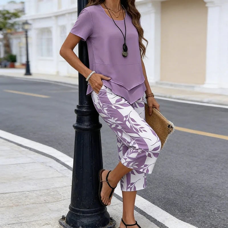 💖Casual Round Neck Layered Tunic Top & Wide Leg Pants Set👚👖