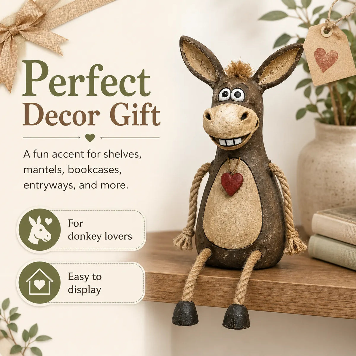 Rustic donkey figure on a plank with dangling rope legs