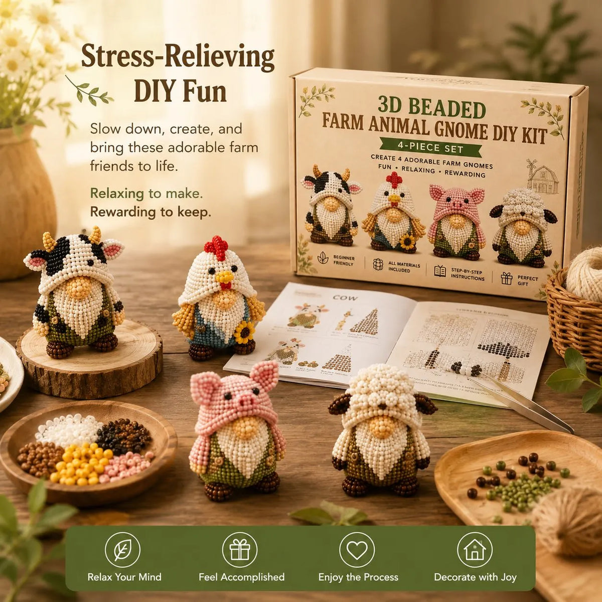 3D Beaded Farm Animal Gnome DIY Kit