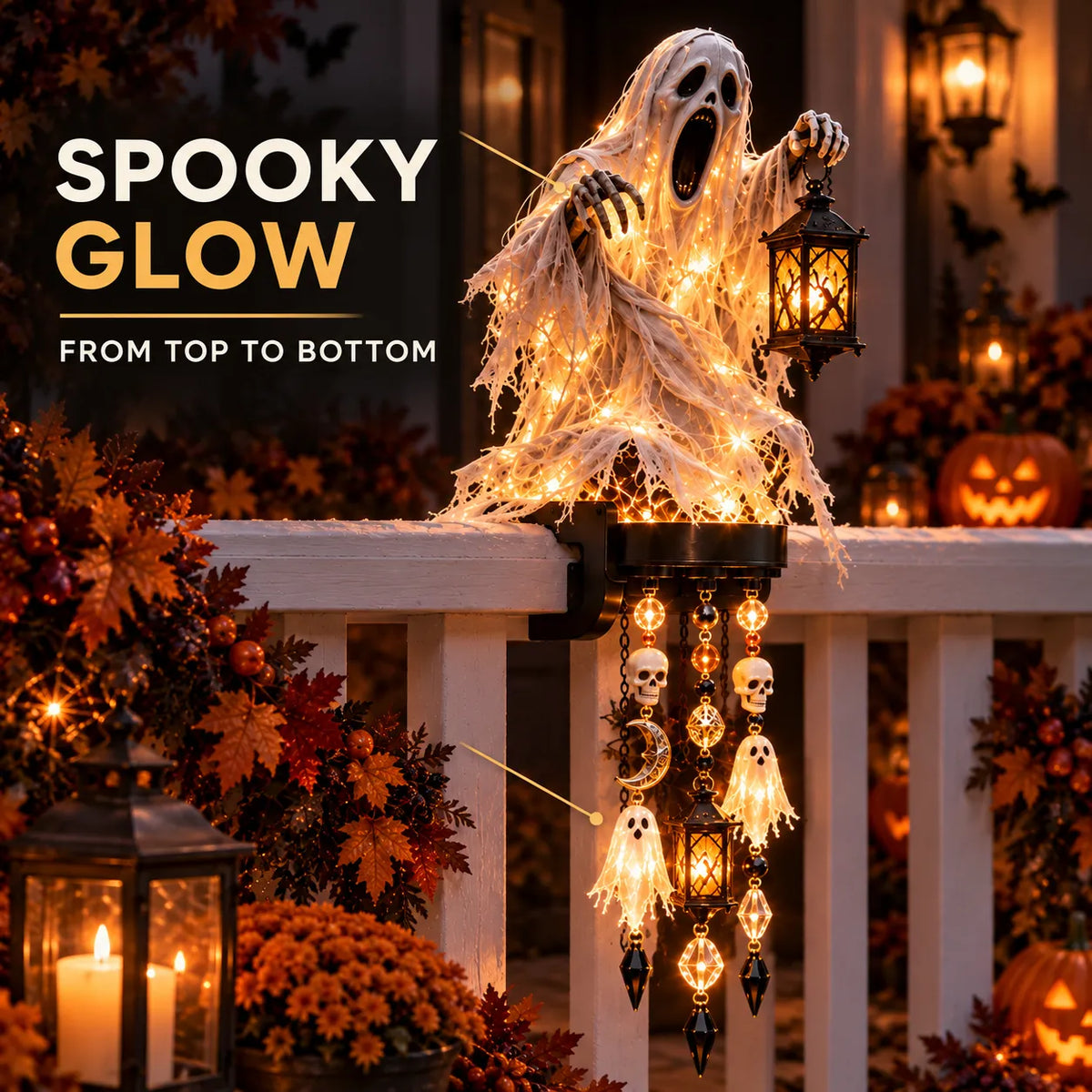 🔥😍🎃 Halloween Character Glow Cascade Railing Lights – Pumpkin, Witch, Ghost & Black Cat