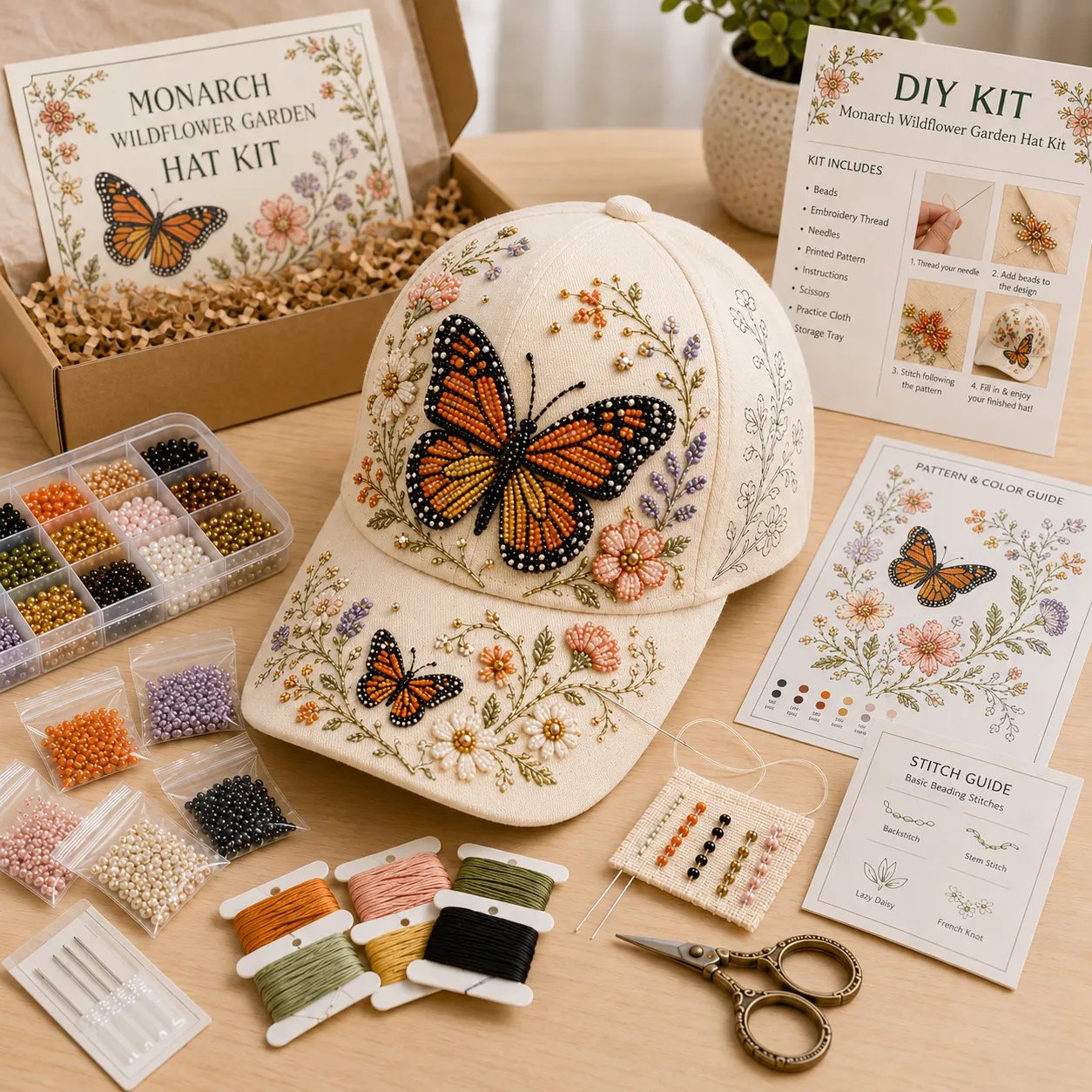 🧢🌸 Hummingbird Garden Beaded Hat DIY Kit | Handmade Floral Cap for Daily Wear & Outdoor Styling 🌿🪡